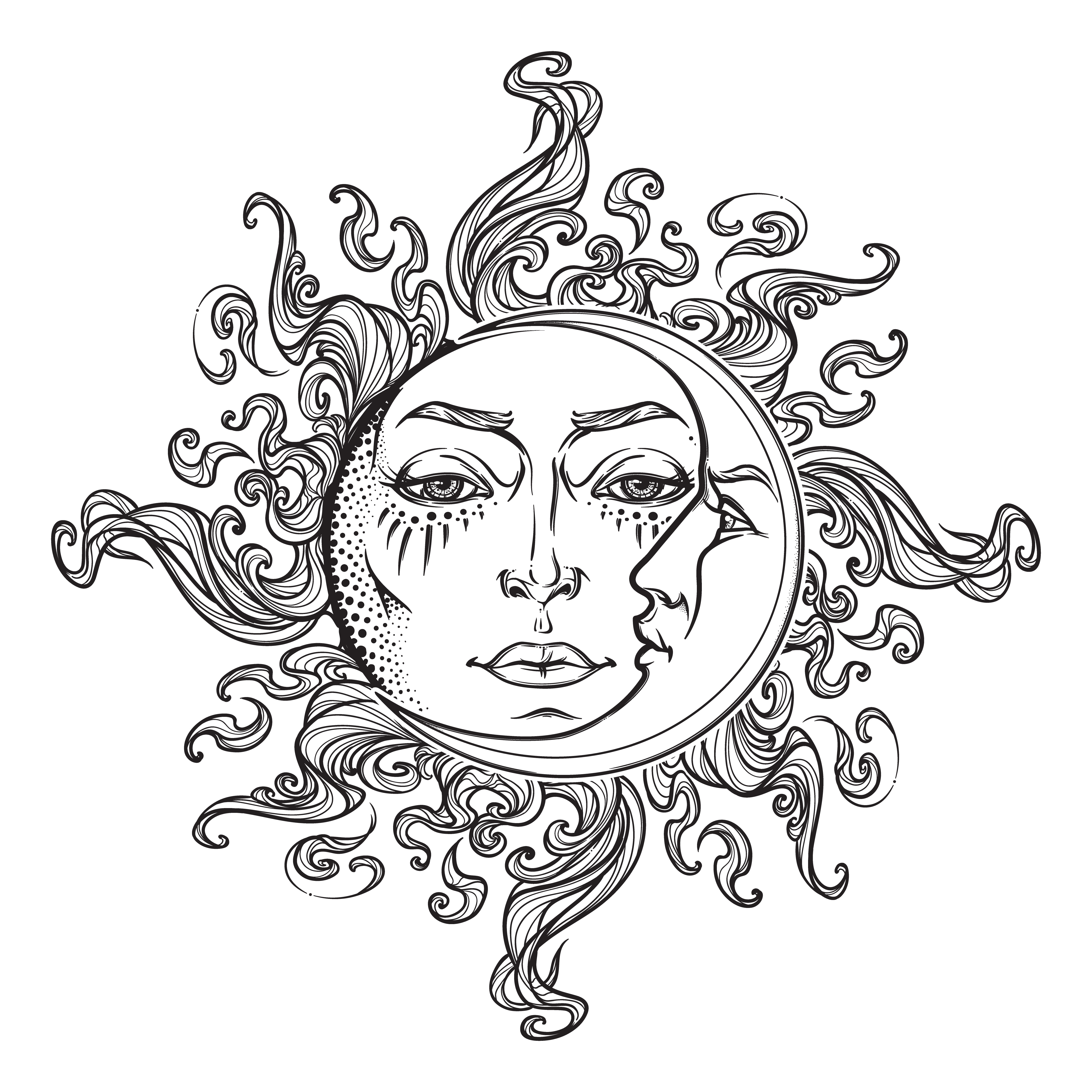 Fairytale style hand drawn sun and crescent moon with a human faces ...